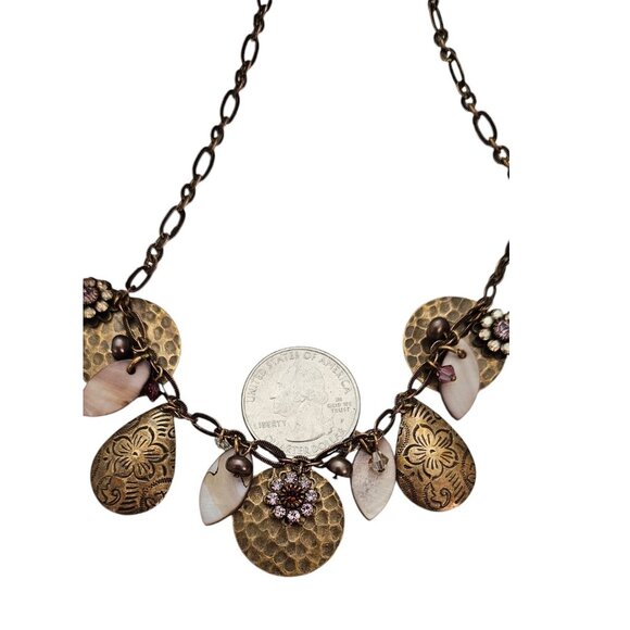 Liz Palacios Hammered Disc Copper Pearls, Pink Crystal, Rhinestone Necklace L470 - Picture 7 of 8